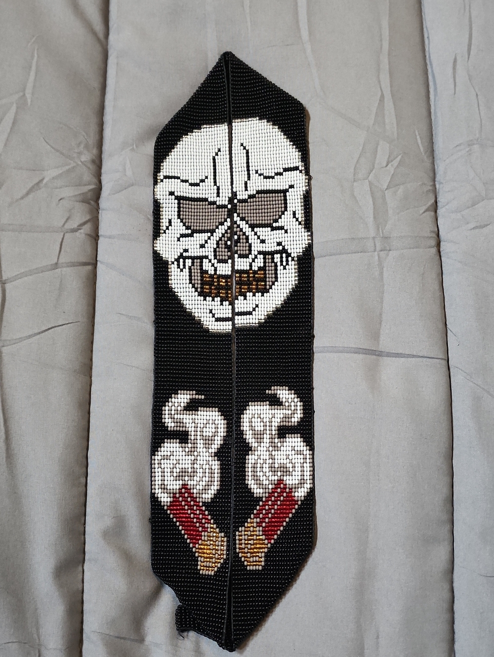 Black Beaded Scarf with Skull and Cigarette Motif